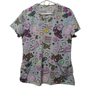 Nurse uniform top scrub owl print v-neck 3 pockets sz large polyester/spandex